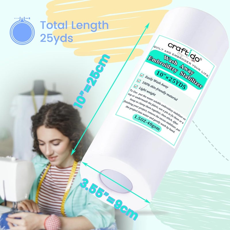 craftido Wash Away/Water Soluble Embroidery Stabilizer Backing&Topping 10" x 25 Yd/roll for Most Hoops 1.5oz Light Weight for Machine Embroidery and Hand Sewing - Image 2